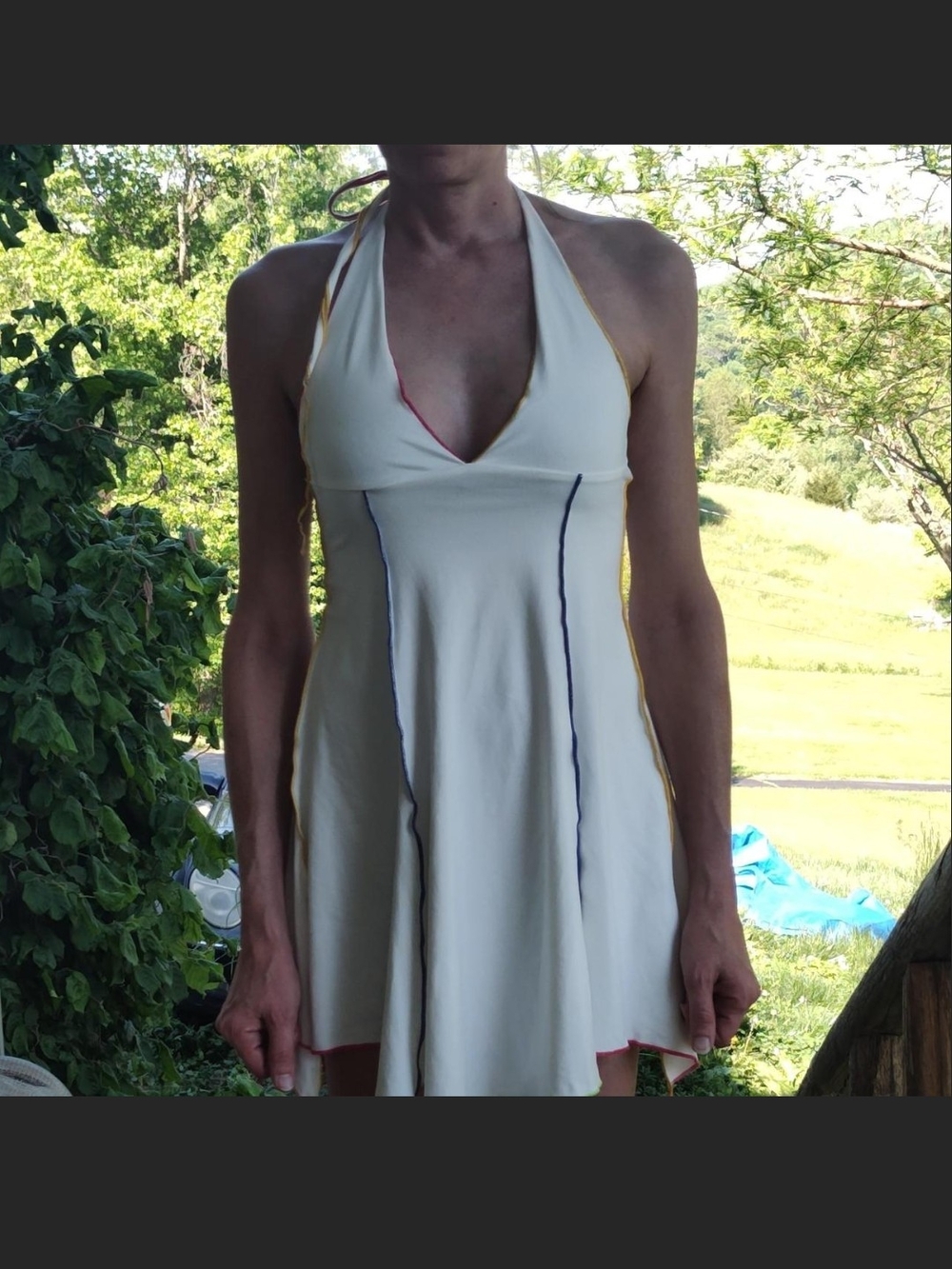 Halter Neck Cream Sundress with Contrast Rainbow Multicolor Trim